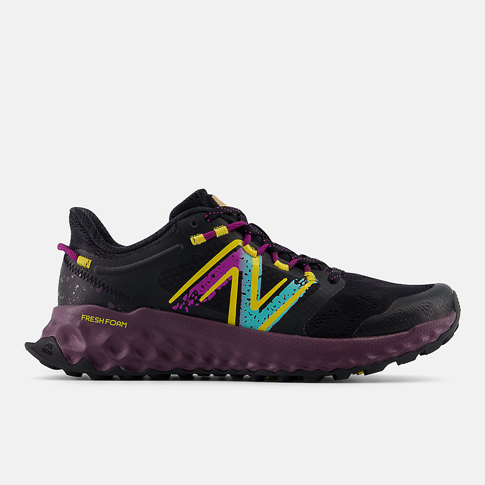 New Balance FRESH FOAM Garo&eacute; Shoes Black with Ginger Lemon and Fuchsia Purple